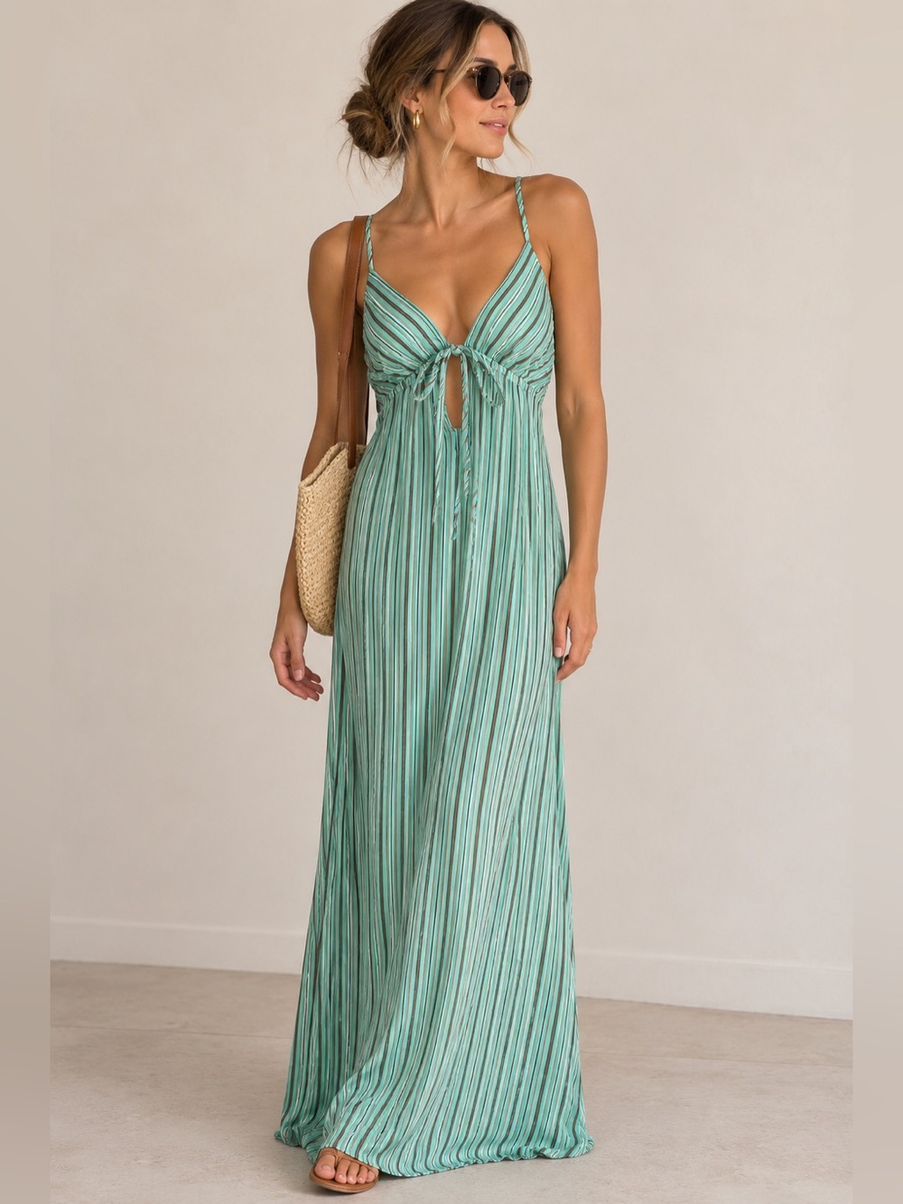 Peppermayo Striped Tie Front Linen Mint Green Boho Maxi Dress size 8
